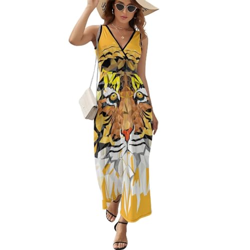 Robe longue sans manches col V avec sa teinte dorée lumineuse