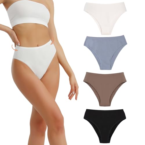 Women's Cotton Underwear High Waisted Cheeky Coverage High Cut Soft Breathable Cotton Briefs Plus Size 4 Pack