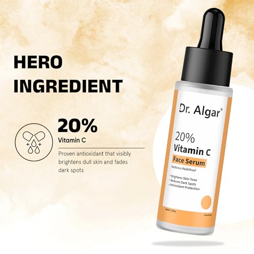 Image of Dr. Algar 20% Vitamin C Face Serum for Skin Brightening & Radiance | Helps Reduce Pigmentation, Dark Spots & Uneven Skin Tone | Lightweight Formula for All Skin Types