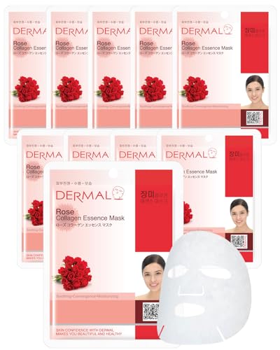 DERMAL Rose Collagen Essence Facial Mask Sheet 23g Pack of 10 - Refreshing & Moisturizing for Tried and Dry Skin, Calming, Daily Skin Treatment Solution Sheet Mask