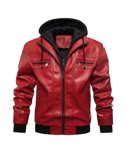 Image of INVACHI Men's Faux Leather Motorcycle Bomber Jacket with Removable Hood