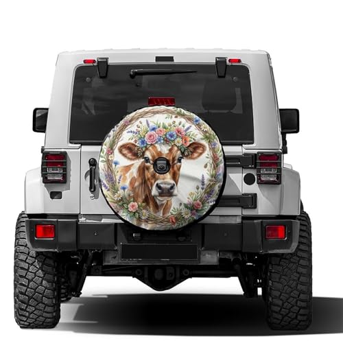 Image of Delerain Spare Tire Cover with Backup Camera Hole Cow Portrait with Flowers Wheel Covers Waterproof Dust-Proof UV Sun Universal Fit for Jeep Trailer RV SUV Truck (17 Inch for Diameter 31 inch-33 inch)
