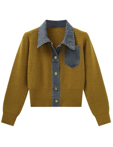 Image of Womens Sweaters Patchwork Denim Sweater Cardigan Long Sleeve Chunky Knit Cardigans Fall Cardigan