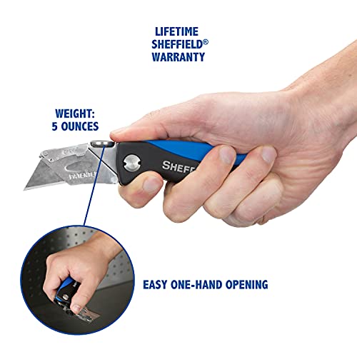 Sheffield 12119 Utility Knife, Quick Change Utility Knife Blades, Lock Back Release, Lightweight ABS Handle, Box Cutter with 6 Blades