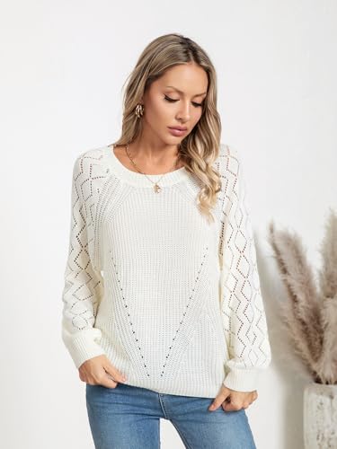 Image of Libsorge Womens Cute Crochet Knit Hollow Out Sweater Fall 2024 Lightweight Ribbed Crewneck Long Sleeve Pullover Top