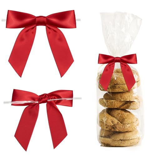 LIZLOVESS Red Twist Tie Bows for Treat Bags 3.5" Pre-Tied