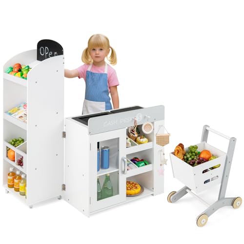COSTWAY Pretend Play Shop, Kids Supermarket Playset with Shopping Cart, Scanner, Chalkboard & Checkout Belt, Wooden Role Play Grocery Store for Ages 3+ (Convertible)