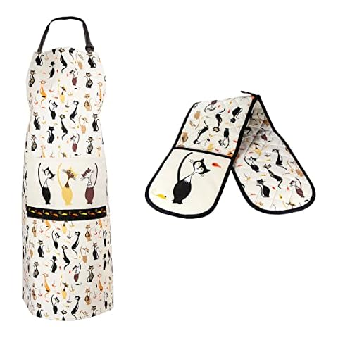 Juego 3 Paño de Cocina, Delantal y Manoplas Horno Doble con Diseño Gatos Cover