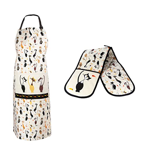 Tablier cuisine et gant four double chat noir en coton de qualité