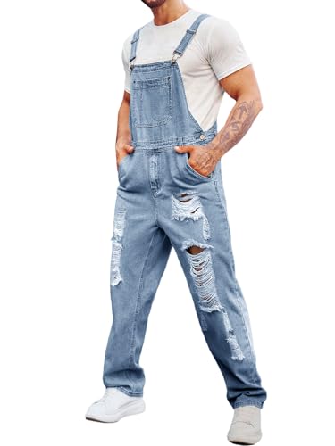 Runcati Men's Denim Bib Overalls Ripped Jeans Fashion Boot Cut Casual Slim Fit Adjustable Straps Jumpsuit