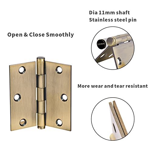 Door Hinges, 3.5 In Hinges For Wood Hardware Heavy Duty Hinges 3 1/2 X 3 1/2 Inch Ball Bearing Solid Brass Hinges Square Corners Included Screw - Set Of 3 Hinges(Antique Brass) #TOP1