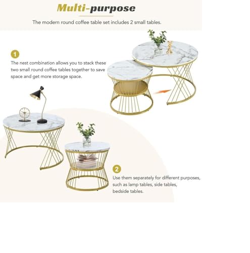 Image of The Round Coffee Table and The Stacking Tea Table with a Gold Metal Frame are Two Versatile Modern Center Tables that Look Great in Living Rooms (X White Gold)