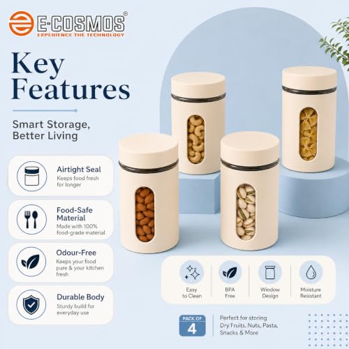 Image of E-COSMOS 1000 ml Plastic Kitchen Storage Container Pack of 2 - Airtight Oval Container with Clear Window for Snacks, Tea, Coffee & Dry Fruits (Multicolor) (Pack Of 2, 1000, Milliliters)