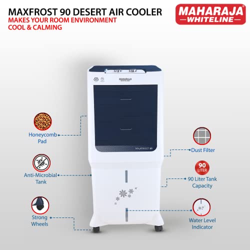 Image of Maharaja Whiteline MAXFROST 90 Desert Air Cooler with 90 ltr Large Tank Capacity, 200W (White & Navy Blue)