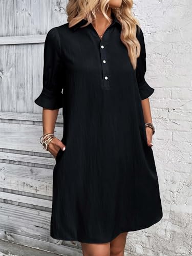 Image of FENSACE Womens Casual Shirt Dress Ruffle Sleeve Button Down Shift Summer Dresses with Pockets
