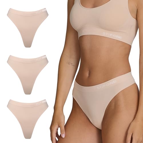 STEP ONE Smoothfit Seamless Thong for Women, 3 Pack, Ultra-Soft, Breathable Bamboo Moisture Wicking Underwear Women, No VPL, Hypoallergenic, Everyday Comfort Thong Nude Sand Medium