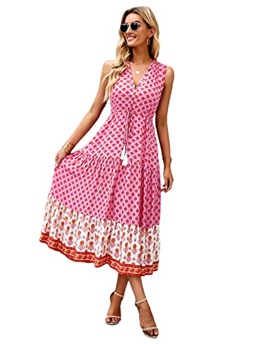 Robe midi bohème fleurie femme taille haute ample fluide rose XL