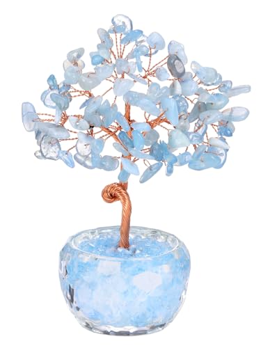 Jovivi Aquamarine Crystal Trees,Natural Gemstone Aquamarine Bonsai Money Tree of Life Blue Healing Crystals Home Office Desk Decor for Women Birthday Gifts