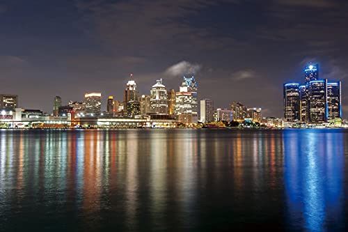 Renaiss 7X5Ft Detroit River Backdrop For Photoshoot Boys Girls Man Woman Portrait Detroit City Skyline Night View Photography Background Bright City Night Scene Photo Booth Prop Live Video Home Decor #TOP9