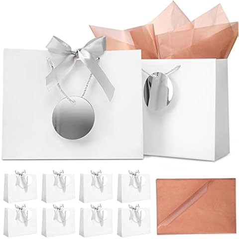 HAUSPROFI White Paper Bags with Silver Bow Ribbon Round Gift Tag Tissue Paper, Paper Bags with Handles for Weddings, Birthday, Party, Celebration, Christmas, 32 X 25 X 11 cm (Pack of 8) Cover