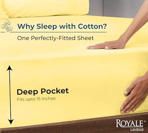 Image of Royale Linens 100% Organic Cotton Fitted Sheet - Percale Weave - Super Soft Deep Pocket Bottom Sheets - Elastic Sheet King Size - King Fitted Sheets Only - (78 inchx80 inch+15 inch, Yellow)