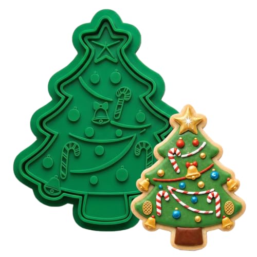 Christmas Cookie Cutters Christmas Tree Bow Shape 3D Printed PLA Fondant Cutter with Embosser Stamp 6 Inch Xmas Holiday Baking Mold for Decorating Stocking Stuffers Party Favors
