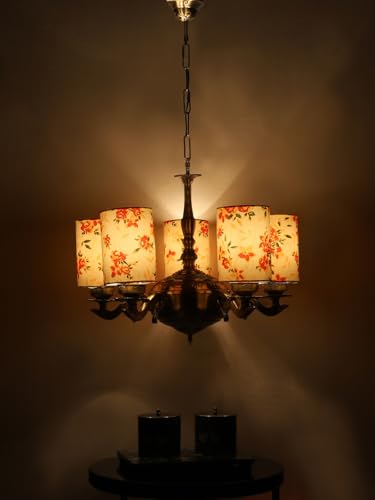 Image of Devansh 05 Lights Printed Round Cotton Shade with Antique Golden Chandelier -D