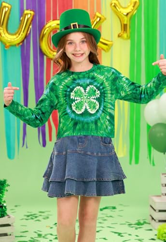 Image of Big Girl's St.Patrick's Lucky Irish Long Sleeve Crop Tops Shamrock Soft Funny Shirt Tie Dye 12 Years