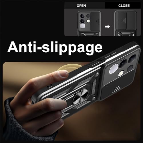 Image of Heavy Duty Back Case Cover for Vivo T4X /iQoo Z10X 5G, Shockproof Vivo T4X /iQoo Z10X Back Cover, Ring Case with Kickstand and Camera Protection Shutter - Black