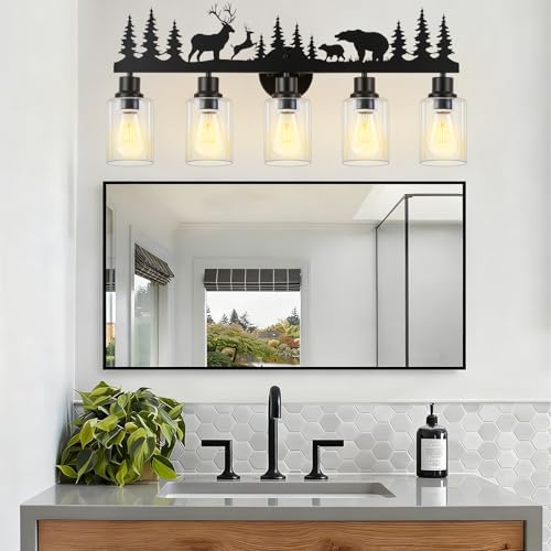Image of Rustic Bathroom Light Fixtures with Deer Bear,5-Light Vanity Lamp | Farmhouse rustic style, Deer Bear Design,Clear Glass Shade,Wall Light for Bathroom, Hallway, Kitchen, Porch,Study, Bar
