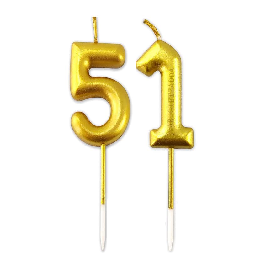 Image of AR Giftzadda 51 Number Cake Topper Golden Chrome Candle for 51st Birthday /Anniversary Party Celebrations (51 Number Gold Chrome Candle)
