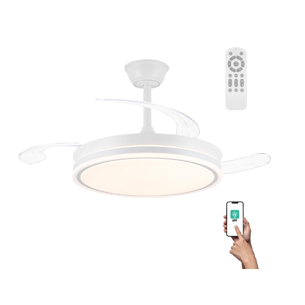 wonderlamp Ventilador LED aspas plegables Miso Evo Blanco 72W con Memoria de encendido, APP, Mando a distancia CCT 3000-4000-6000K, Intensidad Regulable, Silencioso