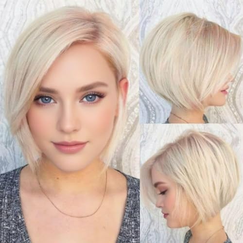 Siudus Short Blonde Wigs for White Women Bob Side Part Layered Straight Wigs Synthetic Daily Party Halloween Hair Wig