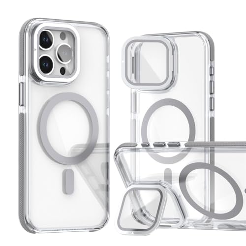 2色透明レンズカバーブラケットマグネット式携帯電話ケース iPhone 11 12 13 14 15 16 Pro Max 14 15 16 Plus ワイヤレス充電落下防止保護ケース、グレー、iPhone 14 Pro Max用