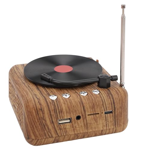 Dpofirs Haut-parleur de Lecteur de Vinyle BT sans Fil, Tourne-disque Portable Vintage Stéréo à 360 ° pour Compagnon de Théâtre, Batterie au Lithium (Couleur du bois)