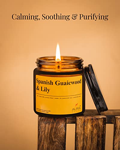 Image of AuraDecor Spanish Guaiacwood & Lily Scented Jar Candle | 100gm Handpoured Soy Wax Candle with Long Burn Time | Premium Amber Jar Aromatherapy Candle | Best Gift for Home & Decor