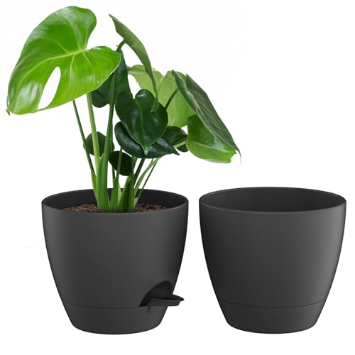 ZMTECH Juego de 2 macetas de 10 pulgadas para plantas de interior, macetas de riego automático con agujeros de drenaje y platillo para plantas al aire libre (color negro)