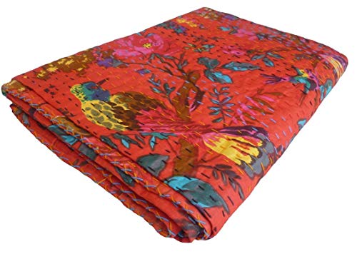 V Vedant Designs Bird Print Queen Kantha Quilt Twin Throw Blanket Bedpsread Indian Throw Vintage Quilt 90X60 Inch, Red