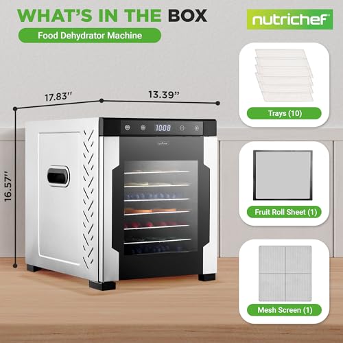 Image of NutriChef Electric Countertop Food Dehydrator-900-Watt Premium Multi-Tier: Save Time v. 600W. Make Jerky, Dried Fruit /Veggies, Dog Treats, Yogurt, 10 Stainless Steel Trays, Digital Timer, Temp Control
