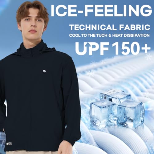Image of Venzina UPF 150+ Sunscreen Jacket for Men, UV Sun Protection Jacket with Cool Feel Quick Dry Fabric, Sun Hoodie with Removable Hat & Zip Pocket for Driving, Camping, Riding