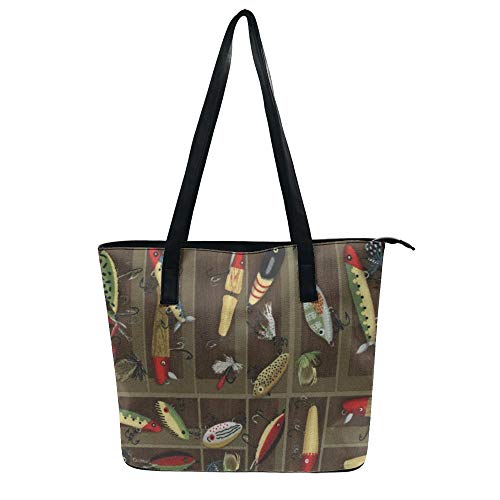 Ideal Gift - Women Girls Fashion Elegant Tote Bag Waterproof Zipper Shoulder Bag Purse Large Capacity Travel Shopping Daily Work Tote Handbags (Vintage Fishing Lure Style)