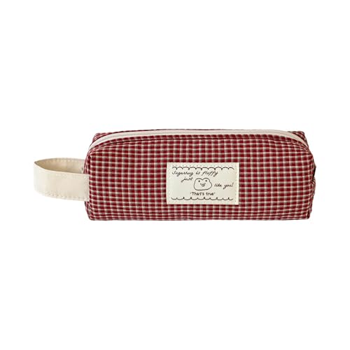 Image of Monolike Unmatched Friends Fabric Check Block Pencil Case, Vintage red - Aesthetic Gingham Pastel Desk Organizer, Soft Padded Makeup Brush Case, Trendy Minimalist Stationery Pouch
