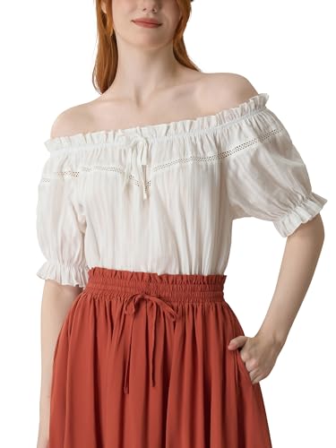 YESSA Womens Renaissance Shirt Off Shoulder White Peasant Blouses for Women Medieval Shirt Cotton Loose Summer Tops
