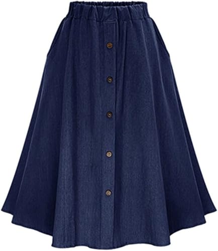 Women's Long Jean Skirts Button Front Denim Midi Skirts Slit Solid Color Mid Waisted A Line Midi Skirts with Pockets