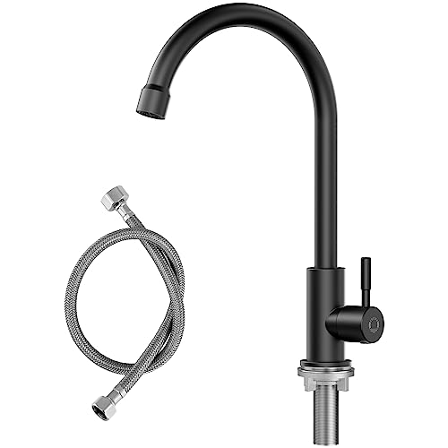 CECIPA Rubinetto solo Acqua Fredda Nero, Rubinetto Lavello Cucina Nero con Dado in Acciaio inossi 304, Rubinetto Cucina Girevole a 360° per Cucina, Esterno, Garage, Installazione Rapida