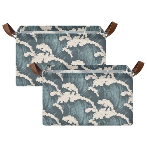 Seamless Sea Waves Ocean Waves Blue Storm Surfing Water 2PC Rectangle Foldable Frame Basket Leather Handles Storage Bin for Laundry Bathroom Organizer M 16.9 x 11.4 x 10 inch