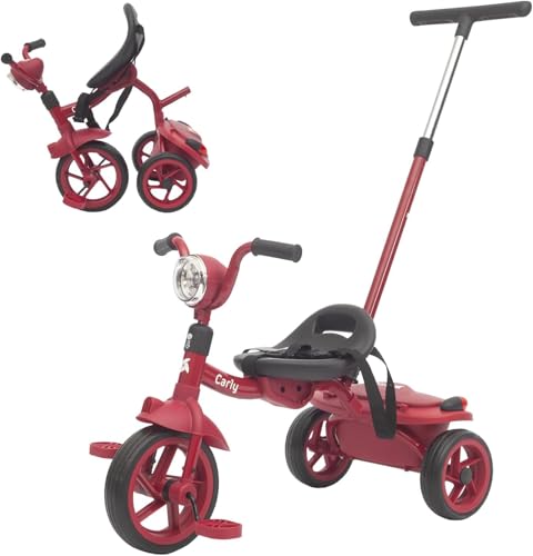 Twinly Triciclo Evolutivo bebé Plegable para niños 1-5 Años - Triciclo Infantil Ligero y Compacto - Manillar con Luz y Sonido, Cesta y Barra de Empuje Ajustable Carly (Rojo)