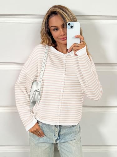 Image of Saodimallsu Womens Striped Cardigan Casual Long Sleeve Open Front Button Down Loose Knit Lightweight Fall Sweaters