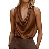 MODSGUE Camiseta sin mangas para mujer de satén sedoso, con cuello halter, para atar en la espalda, monocolor, cómoda, invierno, cuello en cascada, sin mangas, drapeado, espalda descubierta, café, L