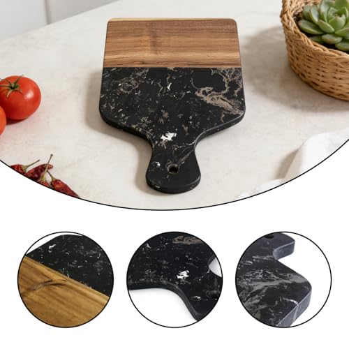 Tabla de cortar rectangular de mármol y madera con mango miniatura 3